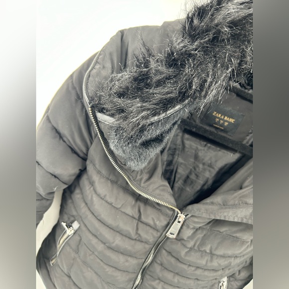 ZARA WOMEN BLACK WARM QUILTED PARKA JACKET Removable Fur Hidden Hood Small - Picture 5 of 16